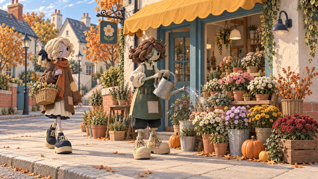 開店前に店主が水をやる、花でいっぱいの小さな店先。