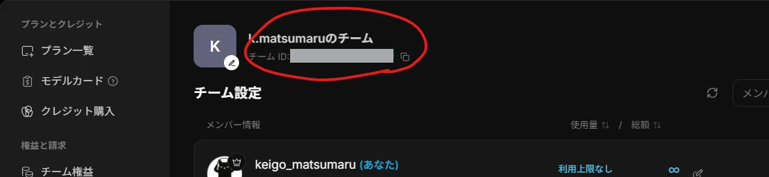 チーム設定ページ。チーム名の下に表示されたチームIDとコピーボタンが赤い丸で示されている